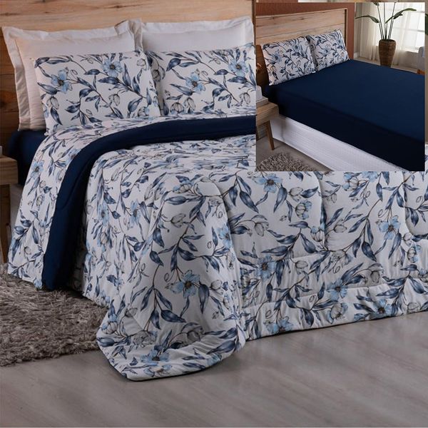 Coordenado Edredom e Lençol King Malha Fio Penteado - Azul