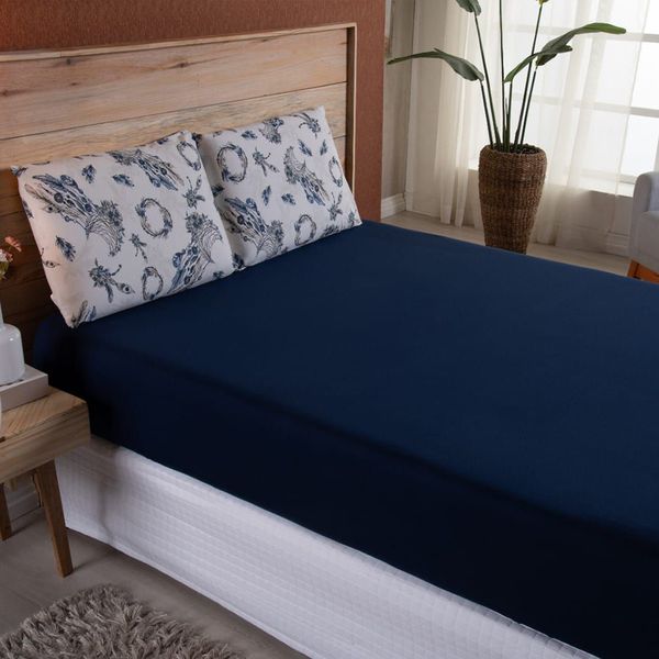 Lençol Casal Malha fio Penteado Algodão 3 Peças - Azul Royal