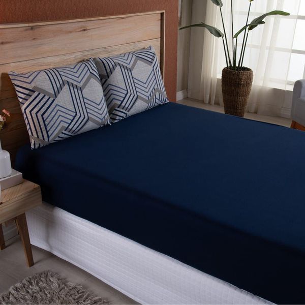 Lençol King Malha fio Penteado Algodão 3 Peças - Azul Top