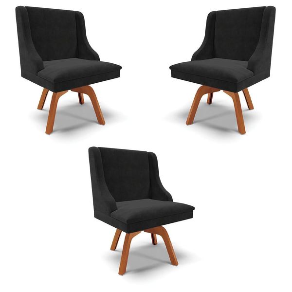 Kit 3 Cadeiras Decorativas Sala de Jantar Base Giratória de Madeira Firenze Suede Preto/Natural G19 - Gran Belo