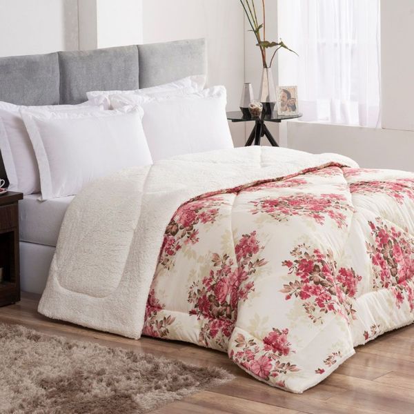 Coberdrom Casal Queen Scarpa Sherpa Dupla Face 1 Peça - Vermelho Floral