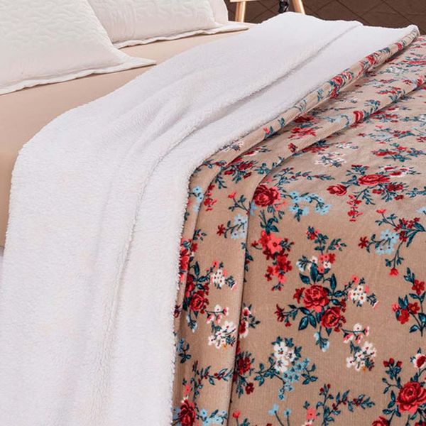 Cobertor Winter Solteiro Manta Soft Plush C/ Sherpa Macia 1 Peça - Floral Bege