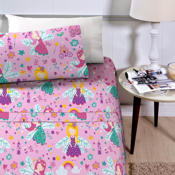 Jogo Cama Lençol Joy Solteiro Infantil Estampado 3 Peças - Fadinha - Rosa
