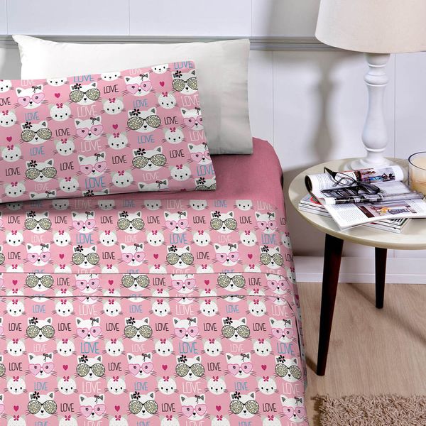 Jogo Cama Lençol Joy Solteiro Infantil Estampado 3 Peças - Gatinhas Love - Rosa