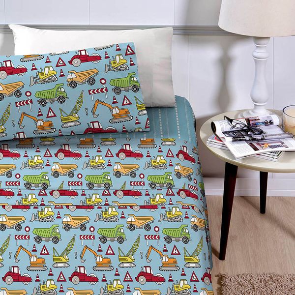 Jogo Cama Lençol Joy Solteiro Infantil Estampado 3 Peças - Trator - Azul