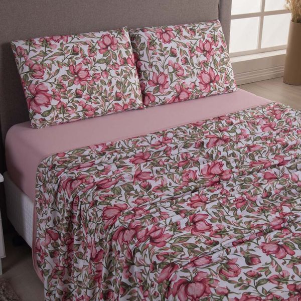 Jogo Cama Lençol Sonnet Casal Padrão Malha Estampada 100% Algodão 4 Peças - Flores - Rosê