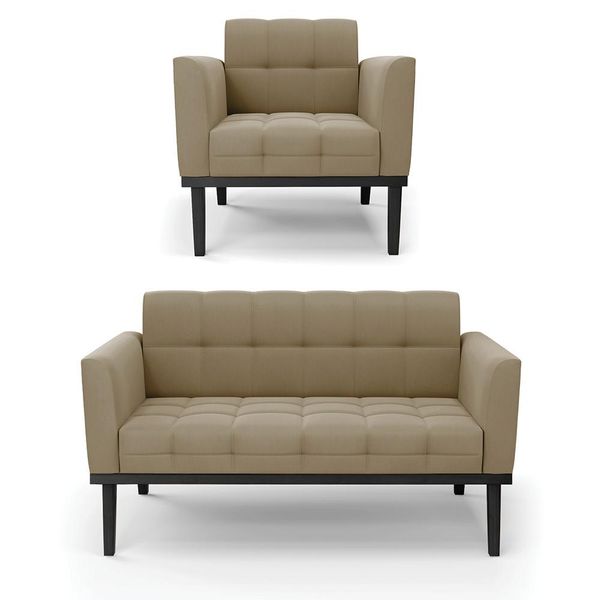 Conjunto Poltrona e Namoradeira Decorativa Karen Pés Fixo em Madeira Preto Suede Nude G19 - Gran Belo