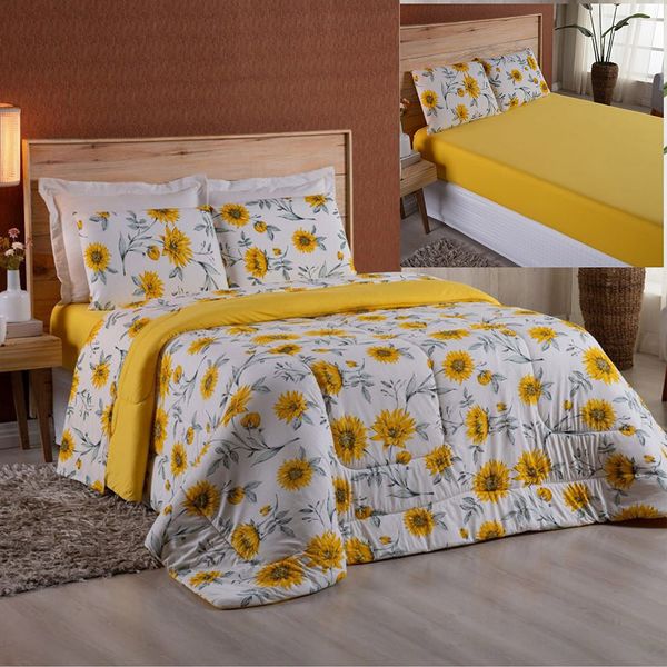 Coordenado Edredom e Lençol King Malha Fio Penteado Amarelo