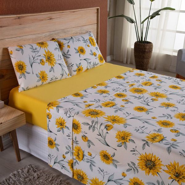 Lençol Queen em Malha fio Penteado Algodão 4 Peças - Amarelo Lençol Queen em Malha fio Penteado Algodão 4 Peças - Amarelo
