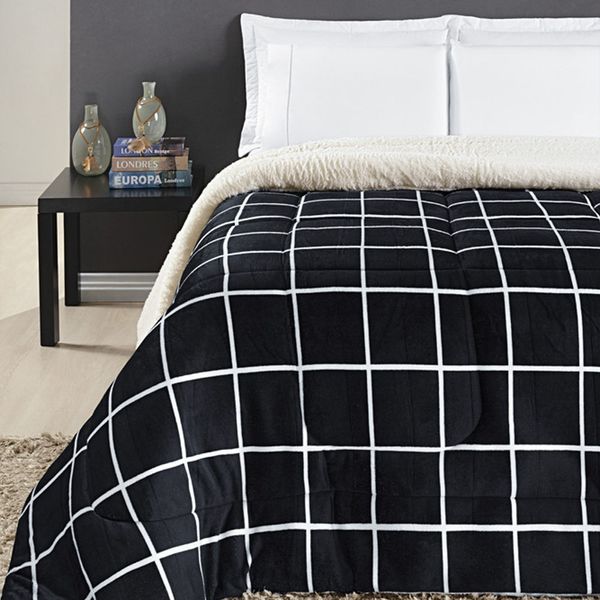 Coberdrom Cobertor Brooklyn Casal Padrão Sherpa Manta Flannel Quadriculado - Preto