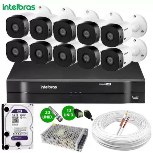 Kit 10 Câmeras de Segurança Intelbras HD Completo e DVR Multi HD 16 Canais MHDX 1116 c/hd 1TB