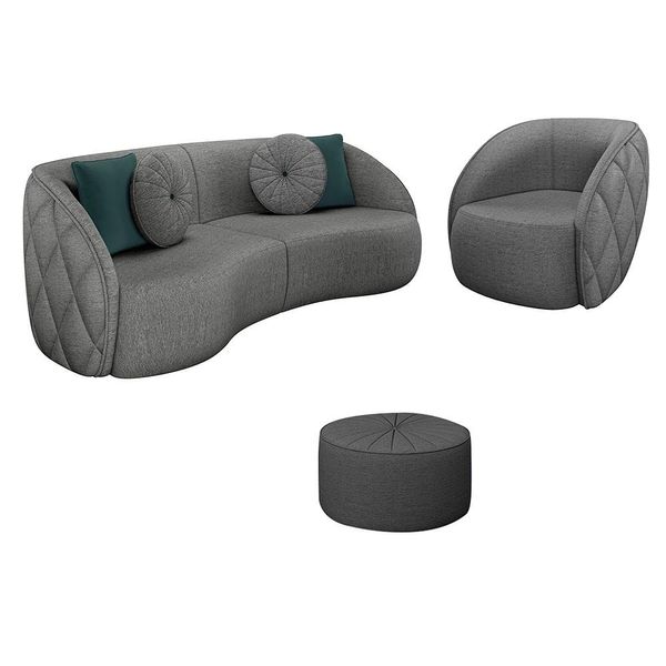 Conjunto Decorativo Sofá 240cm e Poltrona Clarke com Puff Round Linho Chumbo - Gran Belo