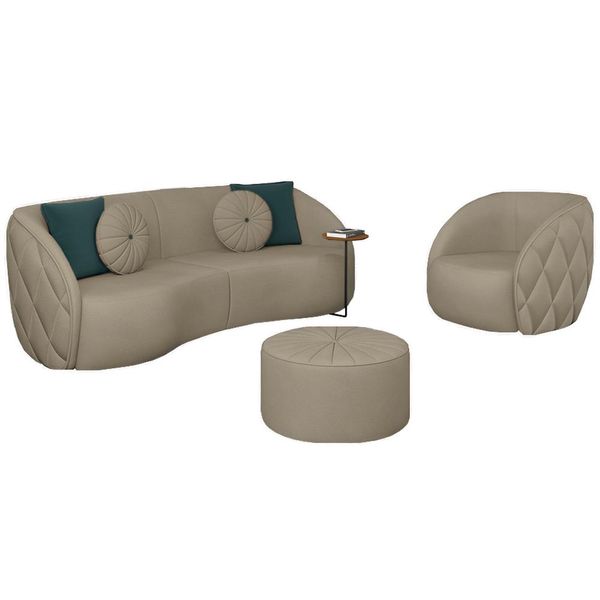 Conjunto Decorativo Sofá 288cm e Poltrona Clarke com Puff Round PU Bege - Gran Belo
