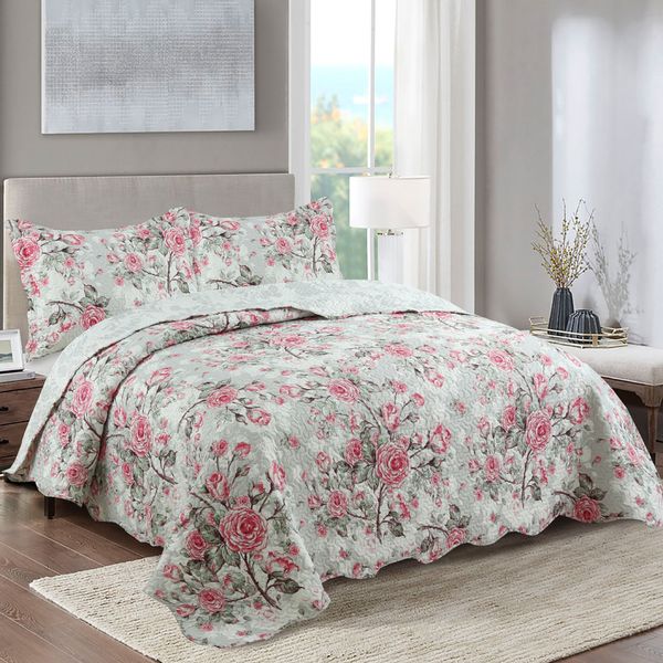 Kit Cobre Leito Colcha Mix Casal Padrão Estampado Dupla Face Floral 3 Peças - Stella - Cinza