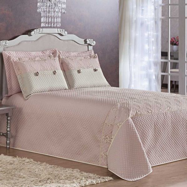 Kit Cobre Leito Queen Ingrid Tecido Micro Fibra Matelado 5 Peças - Rosê