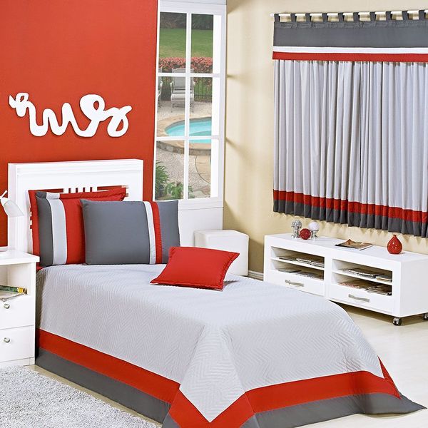 Kit Cobre Leito Solteiro Stylo com Cortina para Varão 2 Metros 7 Peças - Cinza e Vermelho
