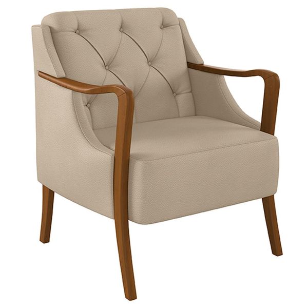 Poltrona Decorativa Braços em Madeira Hand PU Bege - Gran Belo