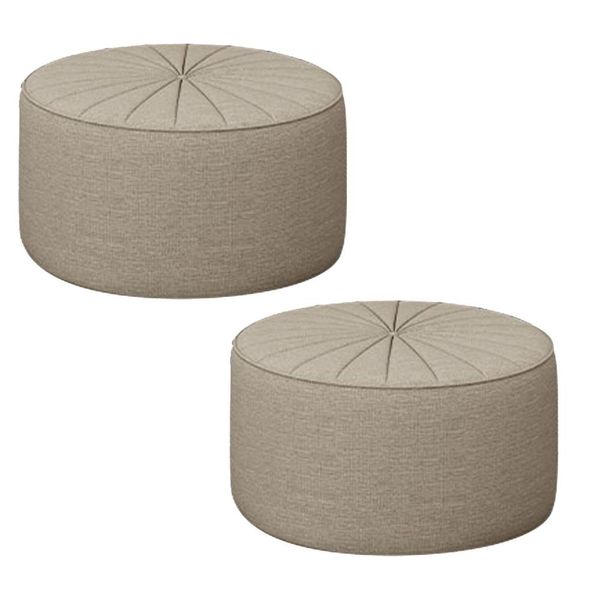 Kit 2 Puffs Decorativos Sala De Estar Round Linho Bege - Gran Belo