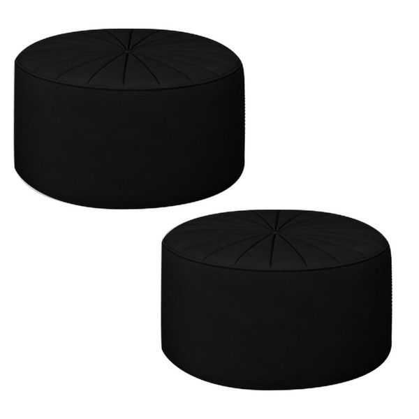 Kit 2 Puffs Decorativos Sala De Estar Round Veludo Preto - Gran Belo