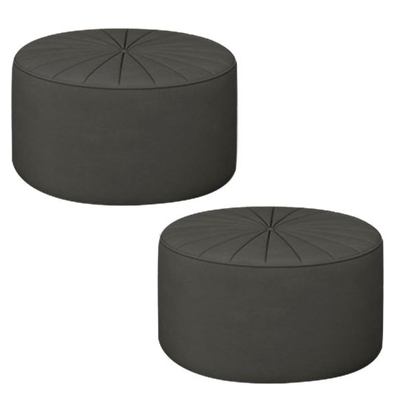 Kit 2 Puffs Decorativos Sala De Estar Round Veludo Cinza - Gran Belo
