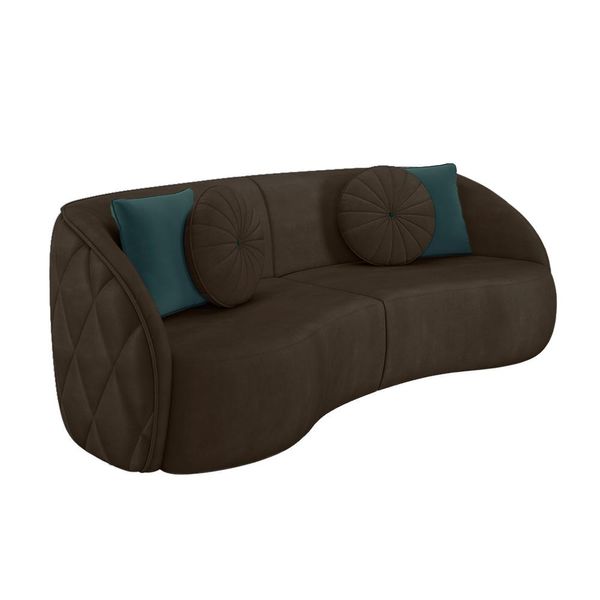 Sofá Decorativo 318cm com Almofadas Redondas Clarke Veludo Marrom - Gran Belo