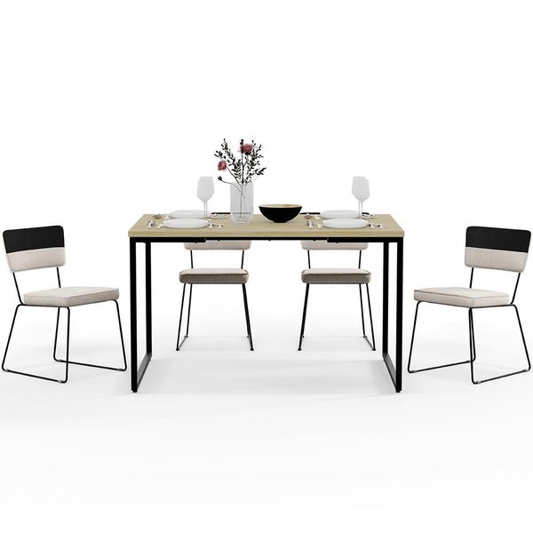 Mesa De Jantar Rivera Nature 136cm 04 Cadeiras Allana F01 Faixa Corano Preto Linho Cru - Lyam Decor