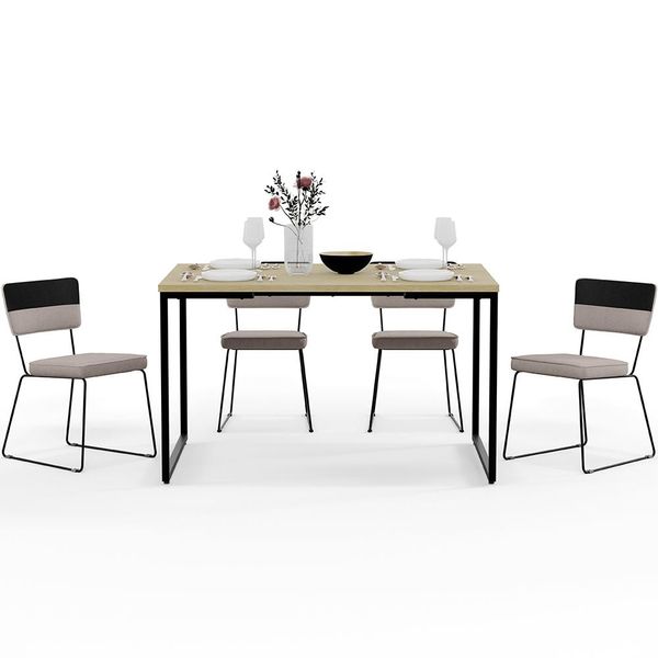 Mesa De Jantar Rivera Nature 136cm 4 Cadeiras Allana F01 Faixa Corano Preto Linho Bege - Lyam Decor