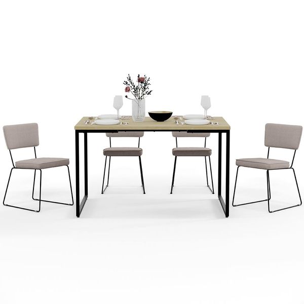 Mesa De Jantar Rivera Nature 136cm Com 04 Cadeiras Allana Base Em Aço F01 Linho Bege - Lyam Decor
