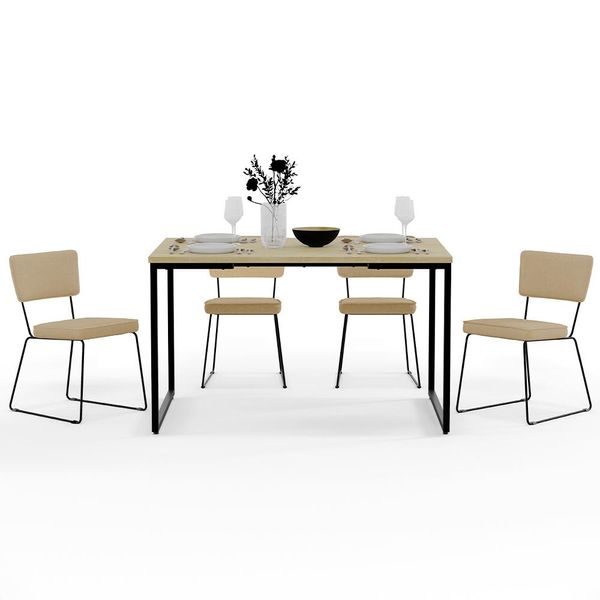 Mesa De Jantar Rivera Nature 136cm Com 4 Cadeiras Allana Base Aço F01 Linho Bege Escuro - Lyam Decor