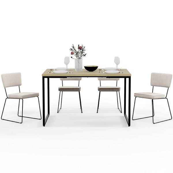 Mesa De Jantar Rivera Nature 136cm Com 04 Cadeiras Allana Base Em Aço F01 Linho Cru - Lyam Decor