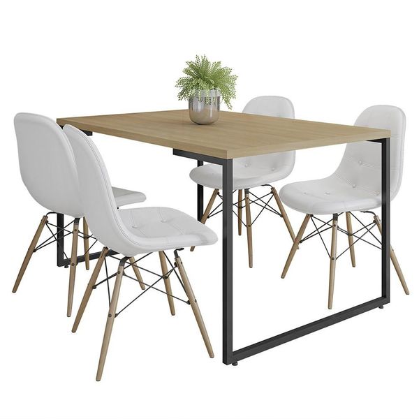 Mesa de Jantar Rivera Nature F01 com 04 Cadeiras Eiffel Charles Eames Botonê Branco - Lyam Decor
