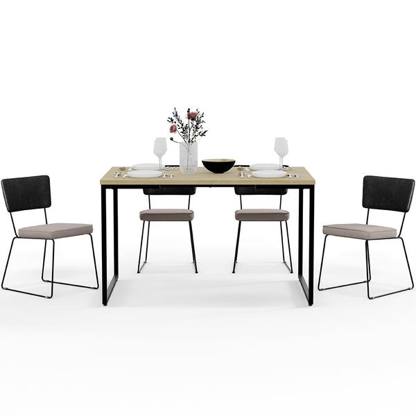 Mesa Rivera Nature 136cm Com 4 Cadeiras Allana F01 Couríssimo Preto Linho Bege - Lyam Decor
