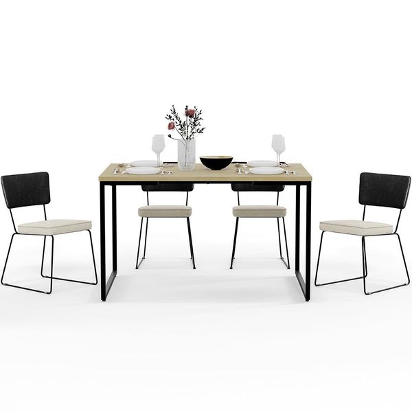 Mesa Rivera Nature 136cm Com 4 Cadeiras Allana F01 Couríssimo Preto Linho Champagne - Lyam Decor
