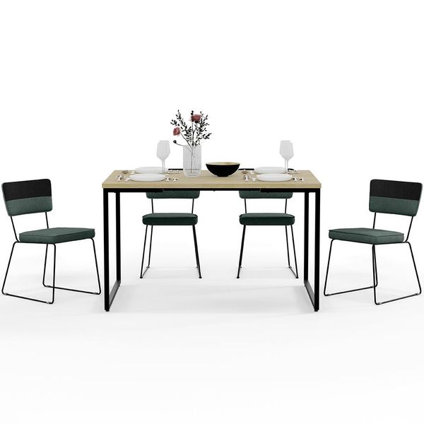 Mesa Rivera Nature 136cm Com 4 Cadeiras Allana F01 Faixa Corano Preto Linho Verde Musgo - Lyam Decor