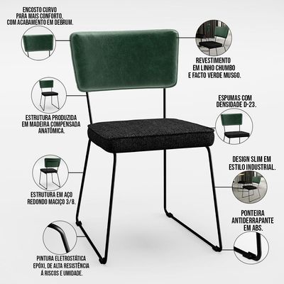 Cadeira Decorativa Estofada Sala Jantar Allana L02 Facto Verde Musgo Linho Chumbo - Lyam Decor