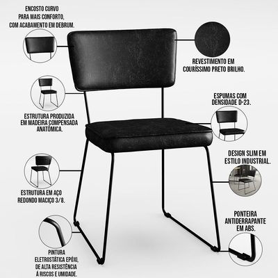 Kit 4 Cadeiras Decorativas Estofada Sala De Jantar Base Aço Allana L02 Couríssimo Preto - Lyam Decor