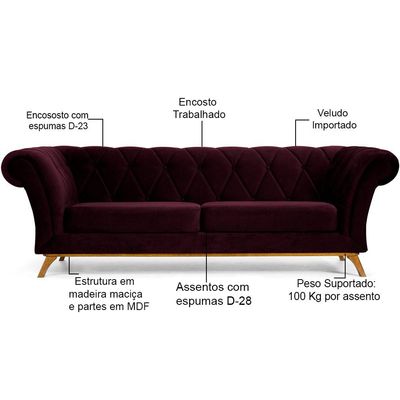 Sofá 3 Lugares Para Sala de Estar Império 230 cm D02 Veludo Roxo Grape C-292 - Lyam Decor