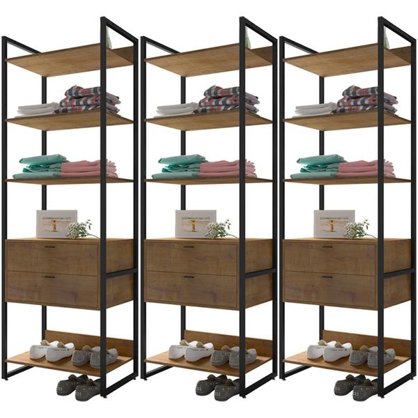 Kit 03 Closets Guarda Roupa Industrial Modulado 06 Gavetas 210x70 cm Blind F01 Castanho - Lyam Decor