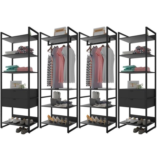 Kit 04 Closets Guarda Roupa Industrial Modulado 04 Gavetas 210x70 cm Blind F01 Preto - Lyam Decor