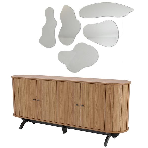Kit Balcão Buffet Sala De Estar Romagna 180cm Com 5 Espelhos Santorini D03 Freijó Preto - Lyam Decor