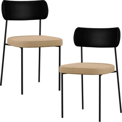 Kit 02 Cadeiras Estofadas Para Sala De Jantar Melina L02 Couríssimo Preto Linho Bege Escuro - Lyam Decor
