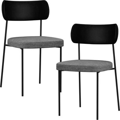 Kit 02 Cadeiras Estofadas Para Sala De Jantar Melina L02 Couríssimo Preto Linho Cinza Escuro - Lyam Decor