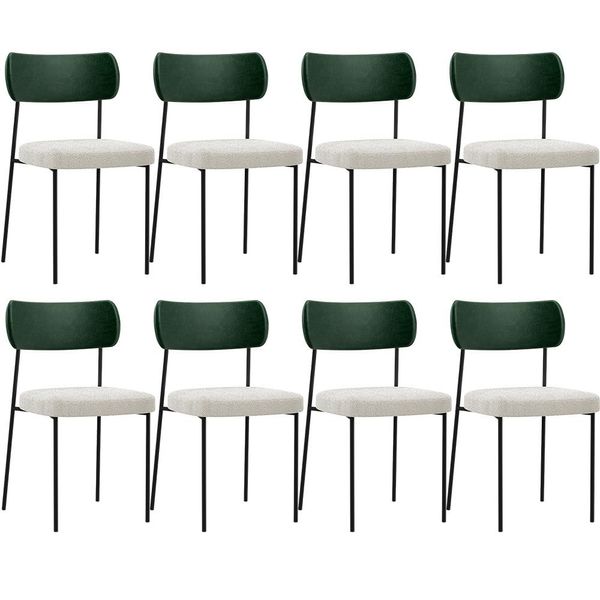 Kit 08 Cadeiras Estofadas Para Sala De Jantar Melina L02 Facto Verde Musgo Bouclê Creme - Lyam Decor