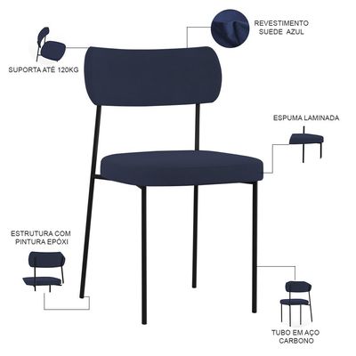 Kit 08 Cadeiras Estofadas Para Sala De Jantar Melina L02 Suede Azul Marinho - Lyam Decor