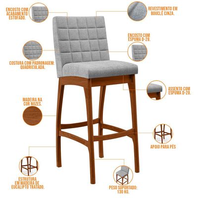 Banqueta Alta Para Cozinha Sala De Jantar Fixa Mila B04 Bouclê Cinza - Lyam Decor