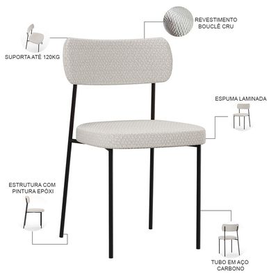 Cadeira Decorativa Estofada Para Sala De Jantar Melina L02 Bouclê Cru - Lyam Decor
