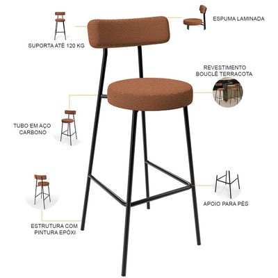 Kit 02 Banquetas Alta Bar Cozinha Sala De Jantar Em Aço Milão L02 Bouclê Terracota - Lyam Decor