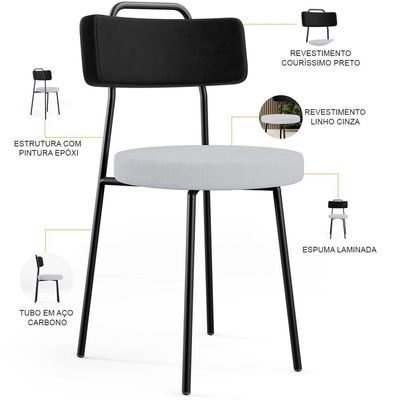 Kit 02 Cadeiras Decorativa Estofada Sala Jantar Barcelona L02 Couríssimo Preto Linho Cinza - Lyam