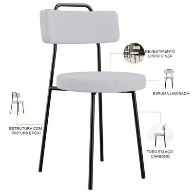 Kit 02 Cadeiras Decorativas Estofada Para Sala De Jantar Barcelona L02 Linho Cinza - Lyam Decor