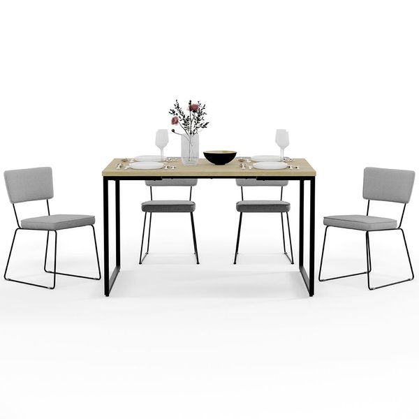 Mesa De Jantar Rivera Nature 136cm Com 04 Cadeiras Allana Base Em Aço F01 Linho Cinza - Lyam Decor